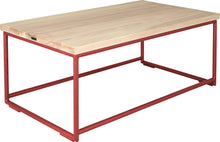 Load image into Gallery viewer, Crimson red metal table with whitewash stain ash wood made in UK - angle view round frame