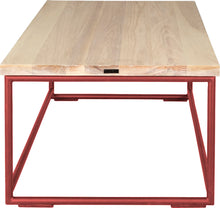 Load image into Gallery viewer, Crimson red metal table with whitewash stain ash wood made in UK - side view round frame