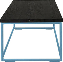 Load image into Gallery viewer, Duck-egg blue metal table with black stain ash wood made in UK - side view round frame