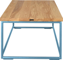 Load image into Gallery viewer, Duck-egg blue metal table with natural stain ash wood made in UK - side view round frame