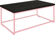 Load image into Gallery viewer, Pink metal table with black stain ash wood made in UK - angle view round frame