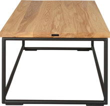 Load image into Gallery viewer, Gloss black metal table with natural stain ash wood made in UK - side view round frame