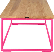 Load image into Gallery viewer, Hot pink metal table with natural stain ash wood made in UK - side view round frame