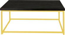 Load image into Gallery viewer, Yellow metal table with black stain ash wood made in UK - front view round frame