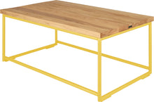 Load image into Gallery viewer, Yellow metal table with natural stain ash wood made in UK - back side view round frame