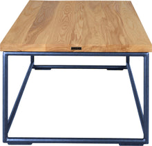 Load image into Gallery viewer, Blue metal table with natural stain ash wood made in UK - side view round frame