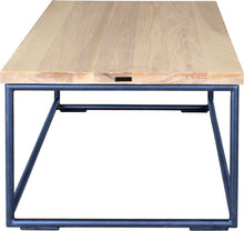 Load image into Gallery viewer, Blue metal table with whitewash stain ash wood made in UK - side view round frame