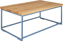 Load image into Gallery viewer, Shaker blue metal table with natural stain ash wood made in UK - angle view round frame