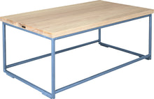 Load image into Gallery viewer, Shaker blue metal table with whitewash stain ash wood made in UK - angle view round frame