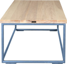 Load image into Gallery viewer, Shaker blue metal table with whitewash stain ash wood made in UK - side view round frame