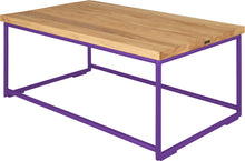 Load image into Gallery viewer, Purple metal table with natural stain ash wood made in UK - back side view round frame