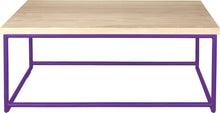 Load image into Gallery viewer, Purple metal table with whitewash stain ash wood made in UK - front view round frame