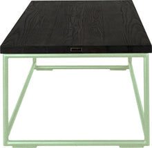 Load image into Gallery viewer, Mint green metal table with black stain ash wood made in UK - side view round frame