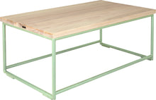 Load image into Gallery viewer, Mint green metal table with whitewash stain ash wood made in UK - angle view round frame