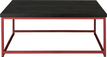 Load image into Gallery viewer, Crimson red metal table with black stain ash wood made in UK - front view square frame