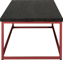 Load image into Gallery viewer, Crimson red metal table with black stain ash wood made in UK - side view square frame