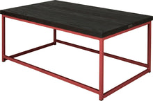 Load image into Gallery viewer, Crimson red metal table with black stain ash wood made in UK - back side view square frame