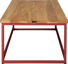Load image into Gallery viewer, Crimson red metal table with natural stain ash wood made in UK - side view square frame