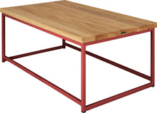 Load image into Gallery viewer, Crimson red metal table with natural stain ash wood made in UK - back side view square frame