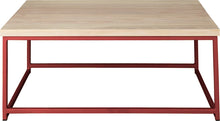 Load image into Gallery viewer, Crimson red metal table with whitewash stain ash wood made in UK - front view square frame