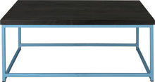 Load image into Gallery viewer, Duck-egg blue metal table with black stain ash wood made in UK - front view square frame