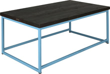 Load image into Gallery viewer, Duck-egg blue metal table with black stain ash wood made in UK - angle view square frame