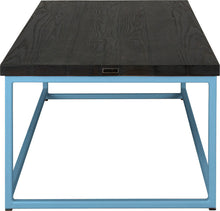 Load image into Gallery viewer, Duck-egg blue metal table with black stain ash wood made in UK - side view square frame