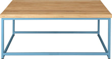 Load image into Gallery viewer, Duck-egg blue metal table with natural stain ash wood made in UK - front view square frame