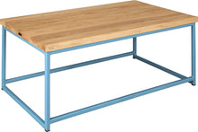 Load image into Gallery viewer, Duck-egg blue metal table with natural stain ash wood made in UK - angle view square frame
