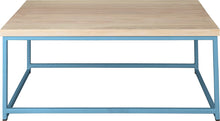 Load image into Gallery viewer, Duck-egg blue metal table with whitewash stain ash wood made in UK - front view square frame