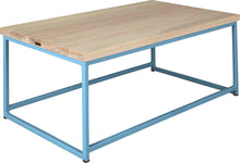Load image into Gallery viewer, Duck-egg blue metal table with whitewash stain ash wood made in UK - angle view square frame