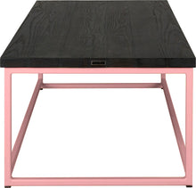 Load image into Gallery viewer, Pink metal table with black stain ash wood made in UK - side view square frame