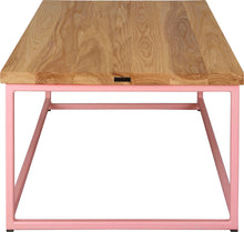 Load image into Gallery viewer, Pink metal table with natural stain ash wood made in UK - side view square frame