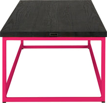 Load image into Gallery viewer, Hot pink metal table with black stain ash wood made in UK - side view square frame