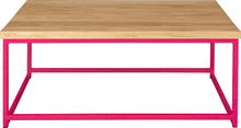 Load image into Gallery viewer, Hot pink metal table with natural stain ash wood made in UK - front view square frame
