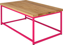 Load image into Gallery viewer, Hot pink metal table with natural stain ash wood made in UK - back side view square frame
