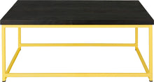 Load image into Gallery viewer, Yellow metal table with black stain ash wood made in UK - front view square frame