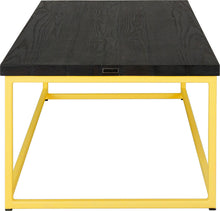 Load image into Gallery viewer, Yellow metal table with black stain ash wood made in UK - side view square frame