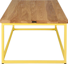 Load image into Gallery viewer, Yellow metal table with natural stain ash wood made in UK - side view square frame