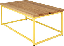 Load image into Gallery viewer, Yellow metal table with natural stain ash wood made in UK - back side view square frame