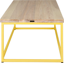 Load image into Gallery viewer, Yellow metal table with whitewash stain ash wood made in UK - side view square frame