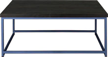 Load image into Gallery viewer, Blue metal table with black stain ash wood made in UK - front view square frame