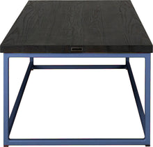Load image into Gallery viewer, Blue metal table with black stain ash wood made in UK - side view square frame