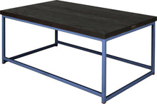 Load image into Gallery viewer, Blue metal table with black stain ash wood made in UK - back side view square frame