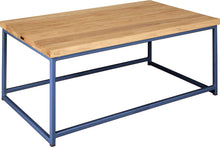 Load image into Gallery viewer, Blue metal table with natural stain ash wood made in UK - angle view square frame