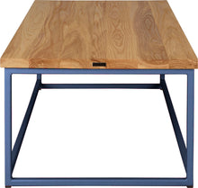 Load image into Gallery viewer, Blue metal table with natural stain ash wood made in UK - side view square frame