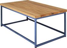 Load image into Gallery viewer, Blue metal table with natural stain ash wood made in UK - back side view square frame