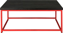 Load image into Gallery viewer, Red metal table with black stain ash wood made in UK - front view square frame