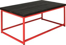 Load image into Gallery viewer, Red metal table with black stain ash wood made in UK - angle view square frame