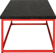 Load image into Gallery viewer, Red metal table with black stain ash wood made in UK - side view square frame